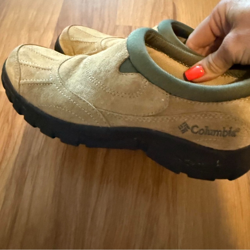 Columbia Slip-On Suede Clogs in Tan and Olive Trim